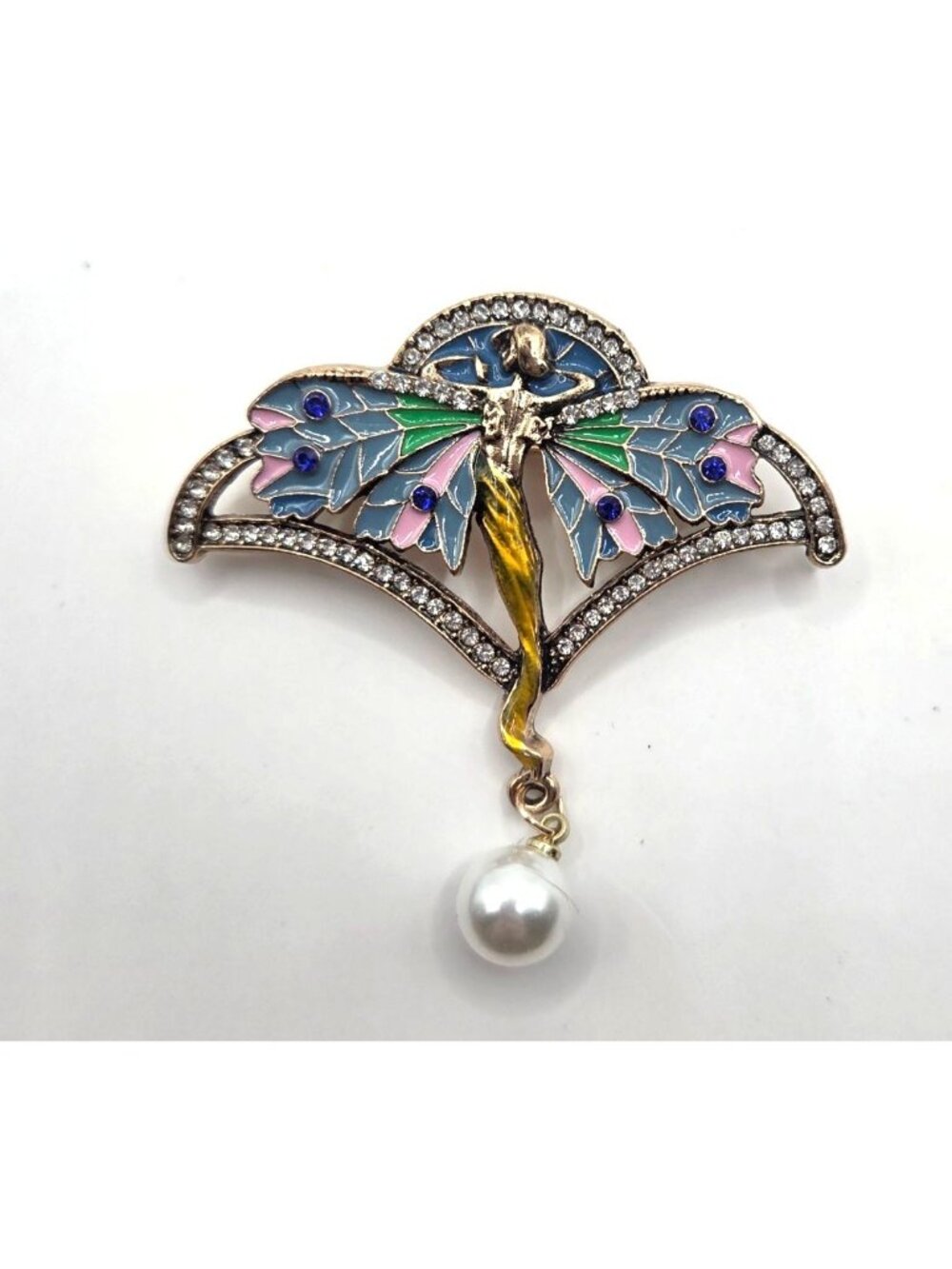 Art Nouveau Fairy Enamel Pin Brooch With Rhinestones & Pearl Accent